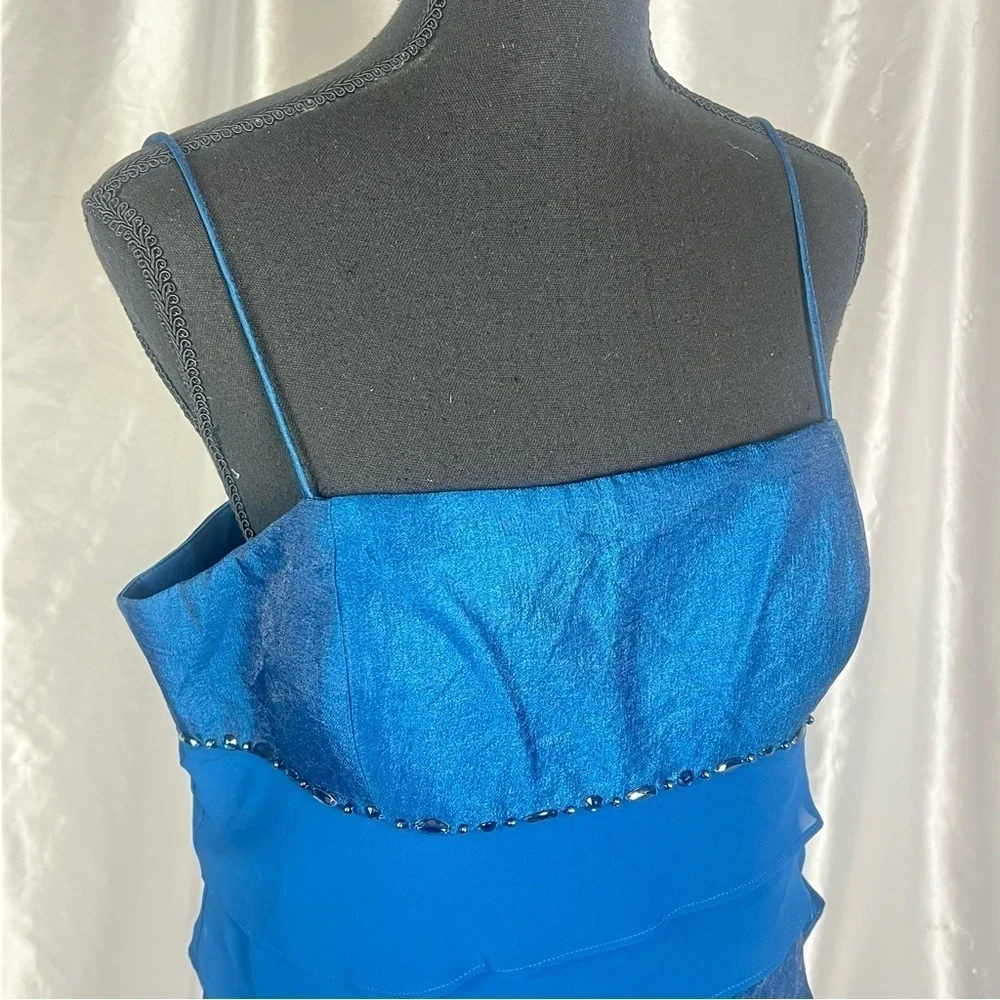 Y2K Prom Blue Tiered Mini Dress 14P Satin & Chiffon Ruffles